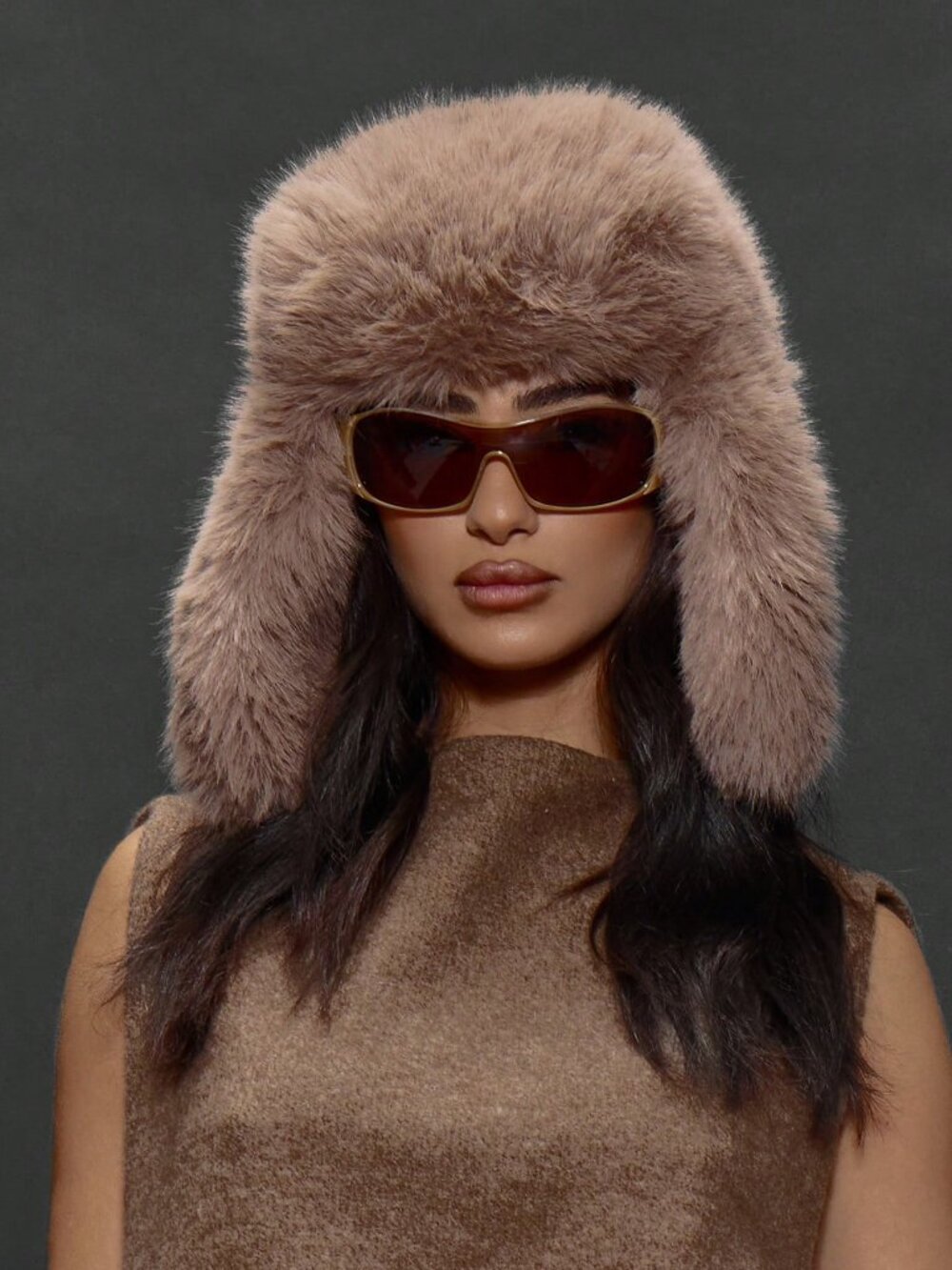 Brown Casual Elegant Women's Oversized Faux Fur Trapper Hat